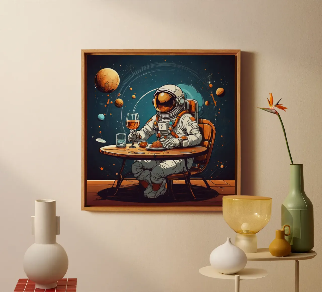 Diner astronaut canvas with Floater frame by Delaney Okuneva