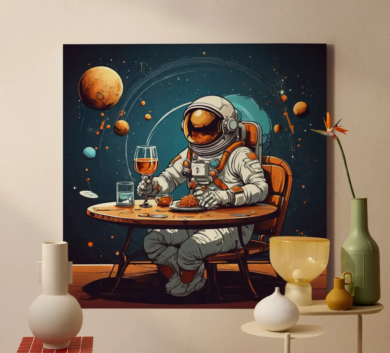 Diner astronaut canvas with Floater frame by Delaney Okuneva