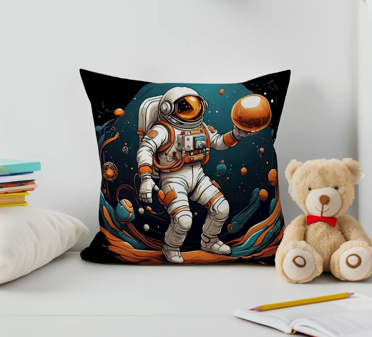 Astronaut Playing BAll decorative cushion by Delaney Okuneva