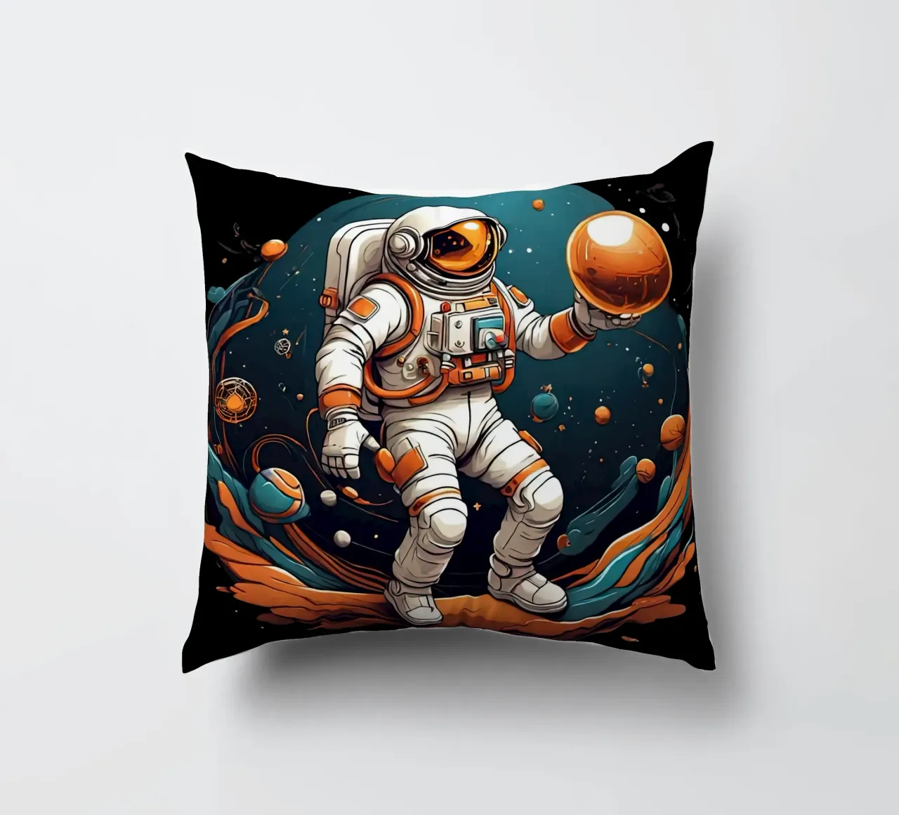 Astronaut Playing BAll decorative cushion by Delaney Okuneva