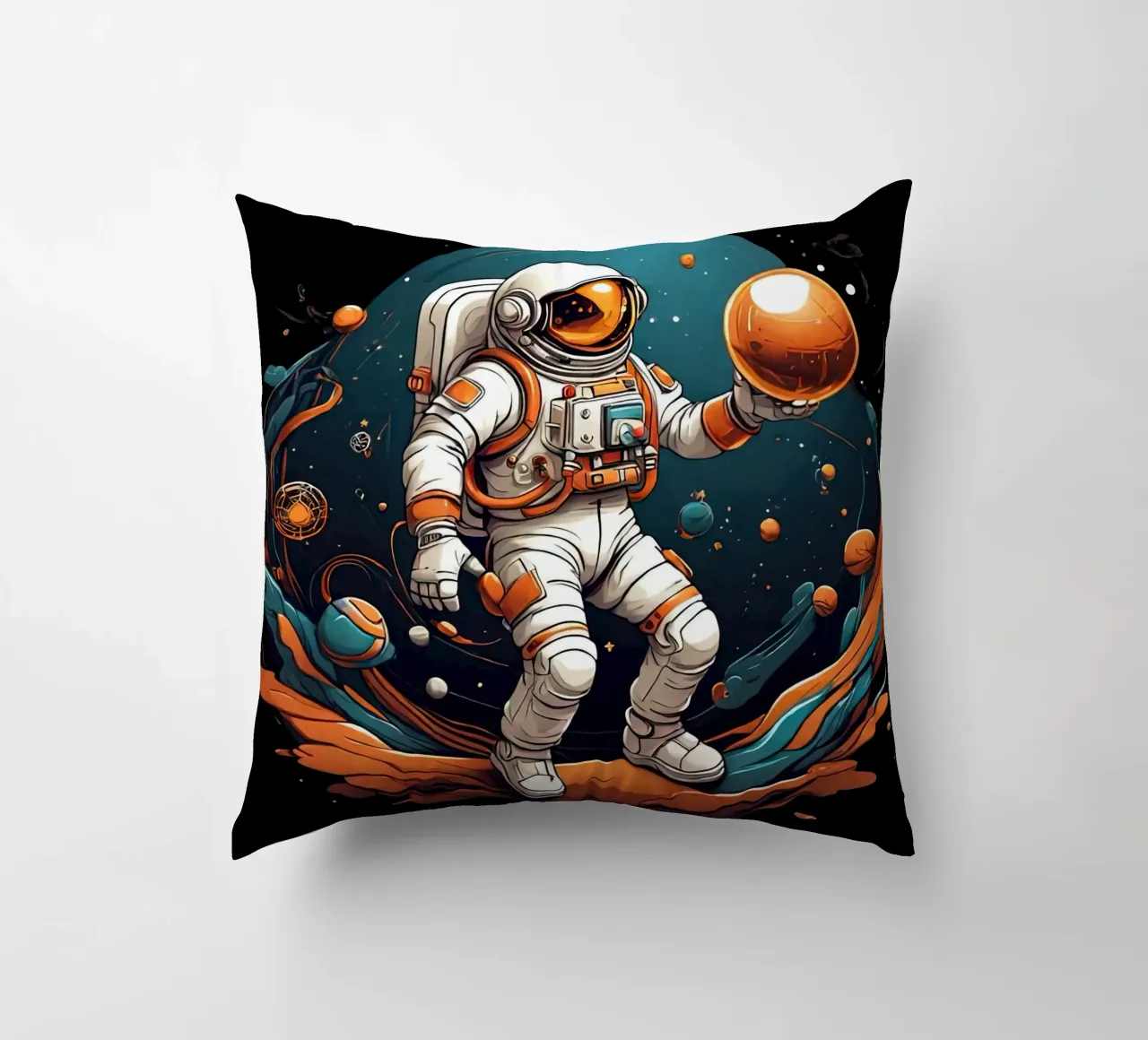 Astronaut Playing BAll decorative cushion by Delaney Okuneva