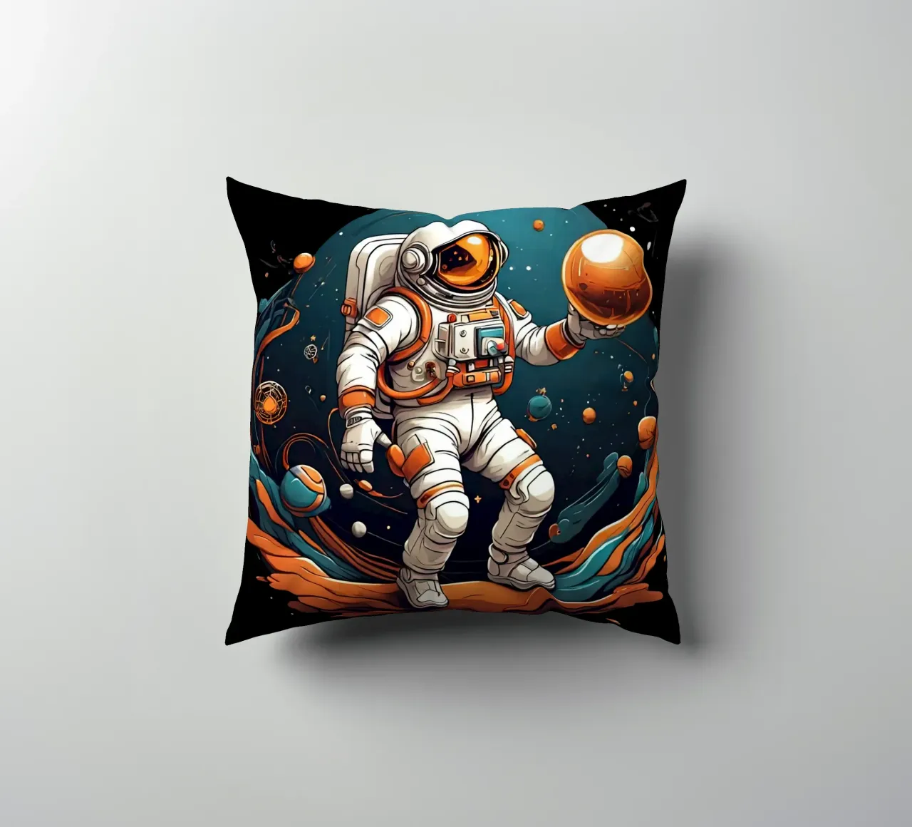 Astronaut Playing BAll decorative cushion by Delaney Okuneva