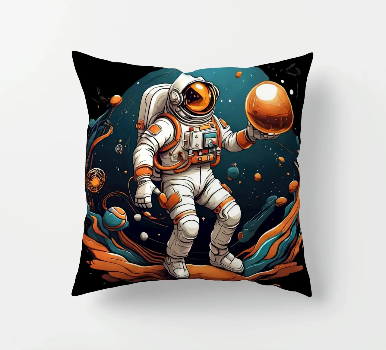 Astronaut Playing BAll decorative cushion by Delaney Okuneva
