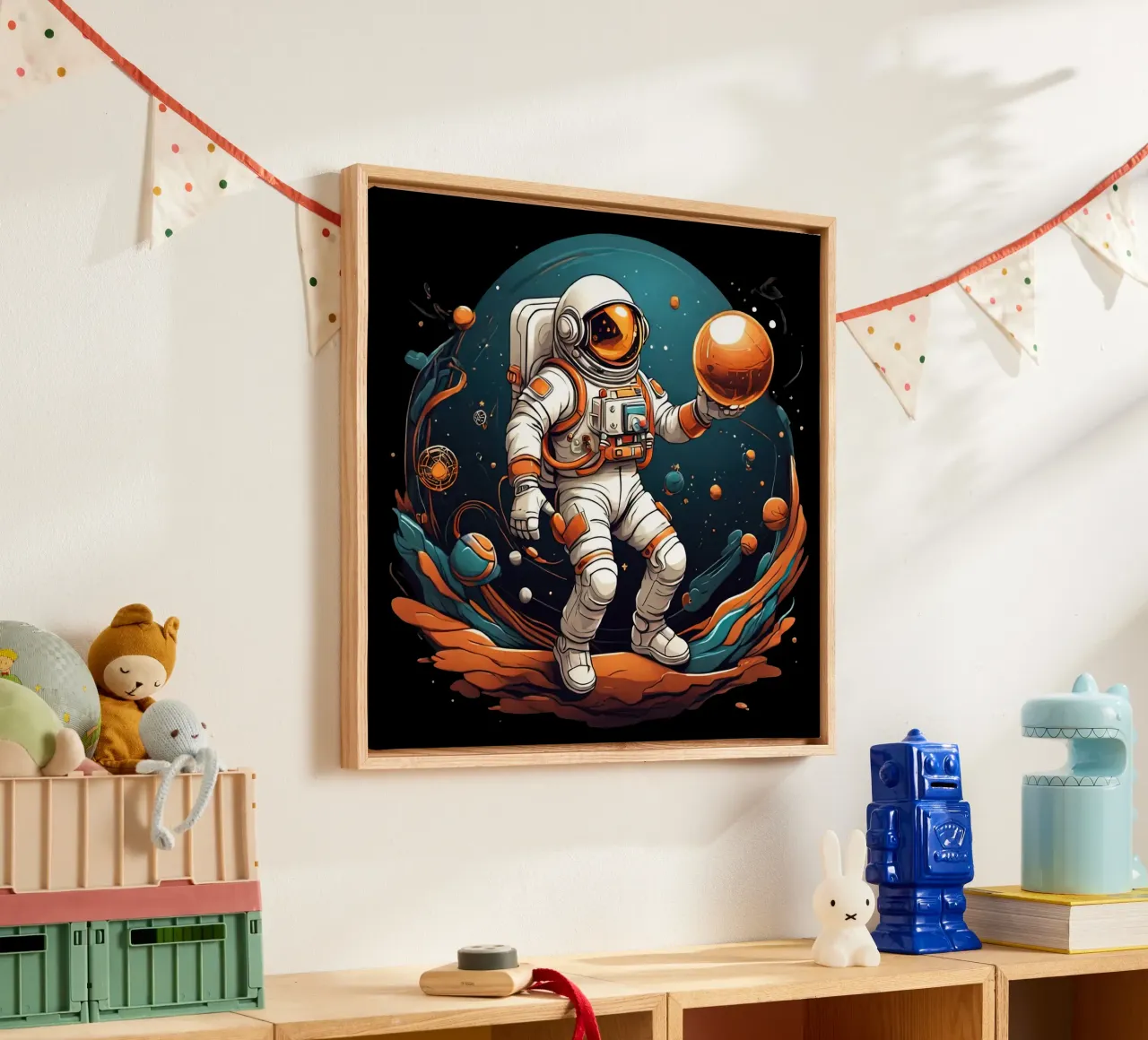 Astronaut Playing BAll canvas with Floater frame by Delaney Okuneva