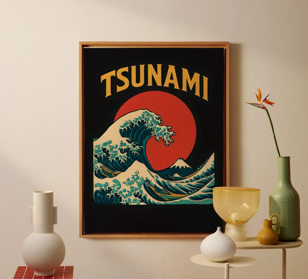 The Great Wave off Kanagawa with tsunami and sunset canvas with Floater frame by 🥝 KIWI STORE