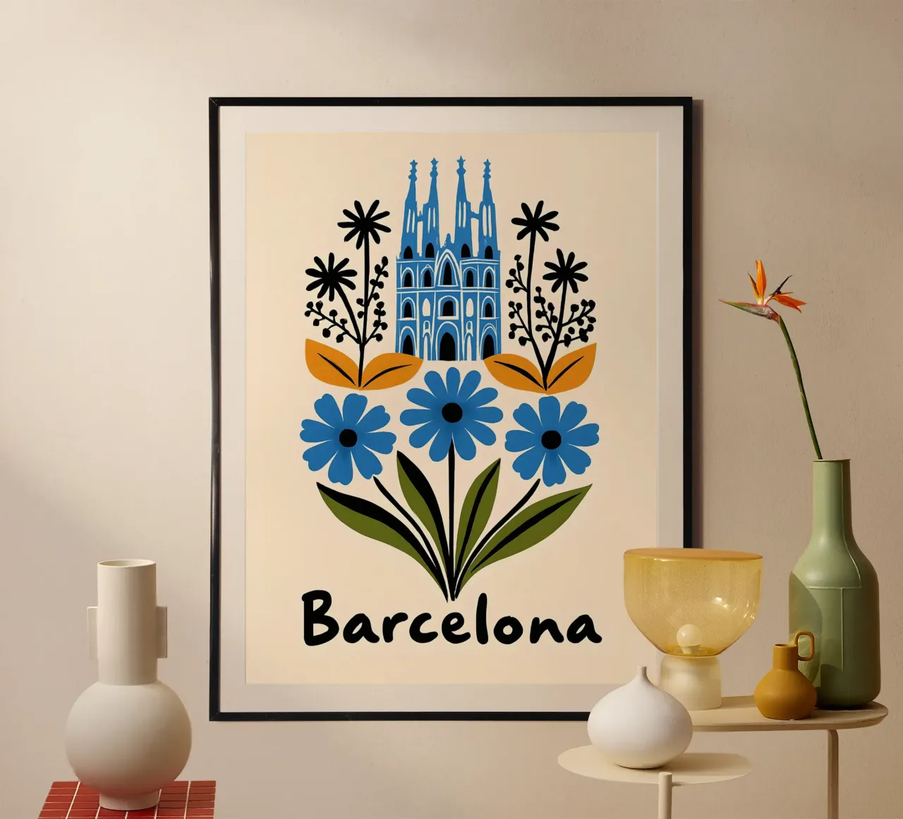 Illustrazione del punto di riferimento floreale di Barcellona poster con telaio in alluminio da 🎁 ARTVI-SHOP