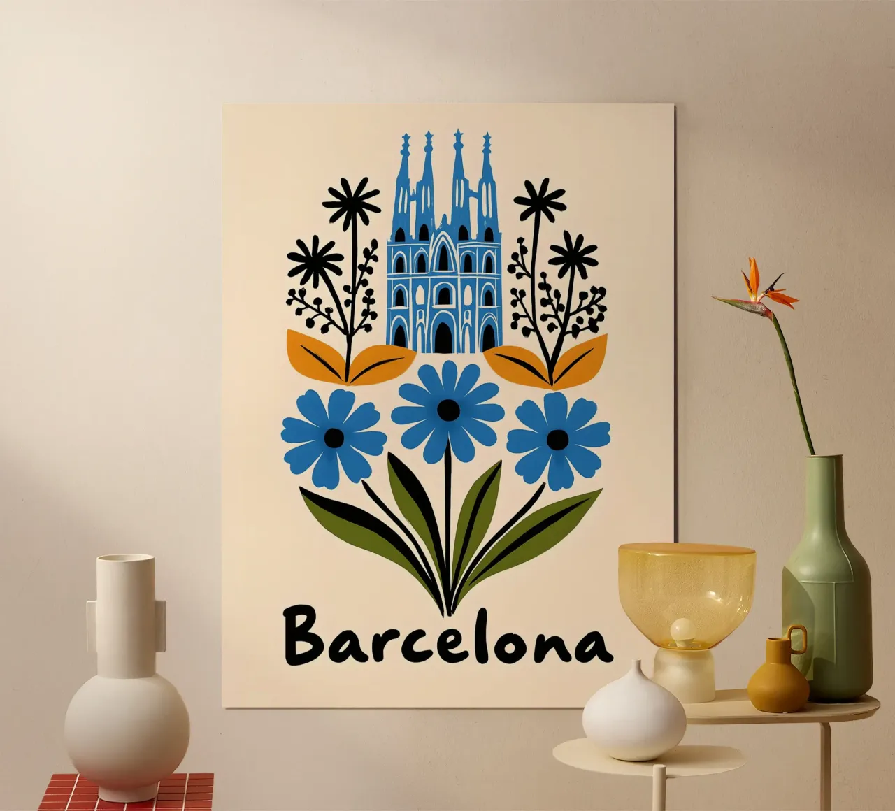 Illustrazione del punto di riferimento floreale di Barcellona poster con telaio in alluminio da 🎁 ARTVI-SHOP