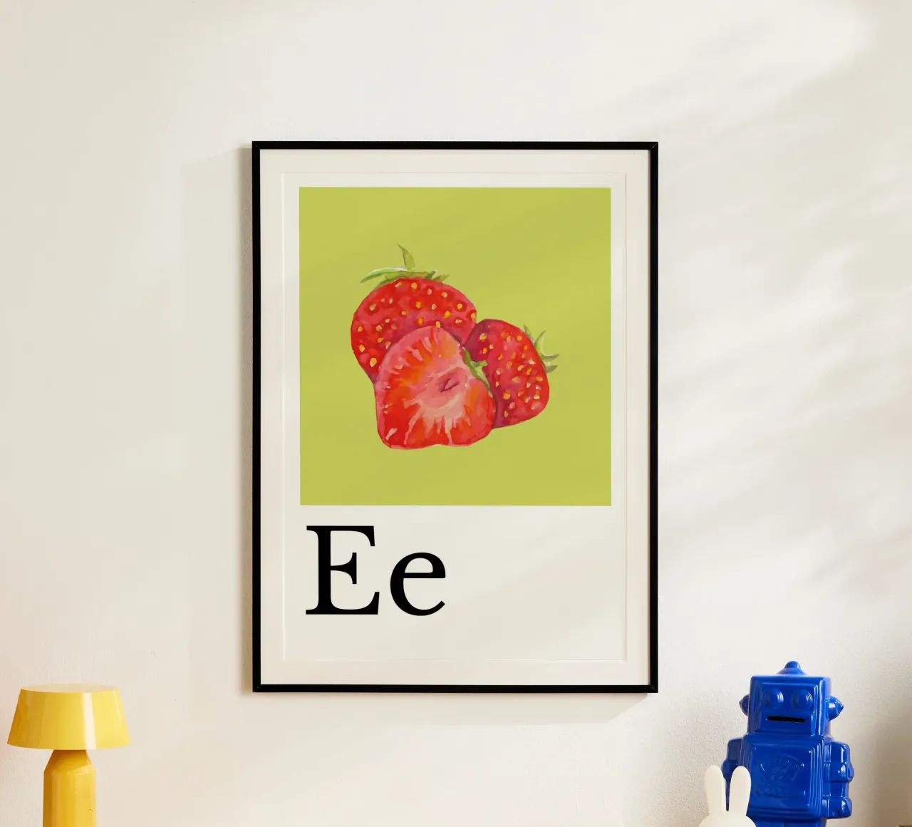 Buchstabe E - E wie Erdbeere poster con telaio in alluminio da Grünkraftwerk