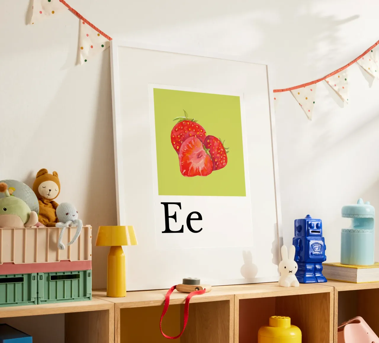 Buchstabe E - E wie Erdbeere poster con telaio in alluminio da Grünkraftwerk