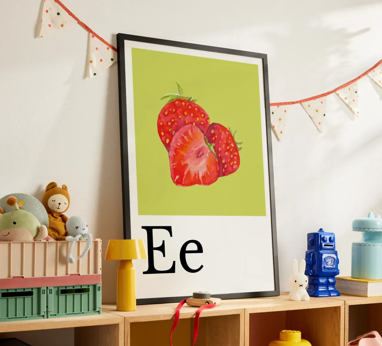 Buchstabe E - E wie Erdbeere poster con telaio in alluminio da Grünkraftwerk