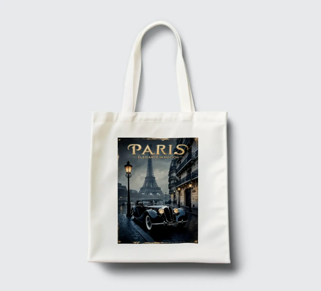Fascino parigino nostalgico Auto d'epoca e Torre Eiffel borsa in juta da Robyn Santiago