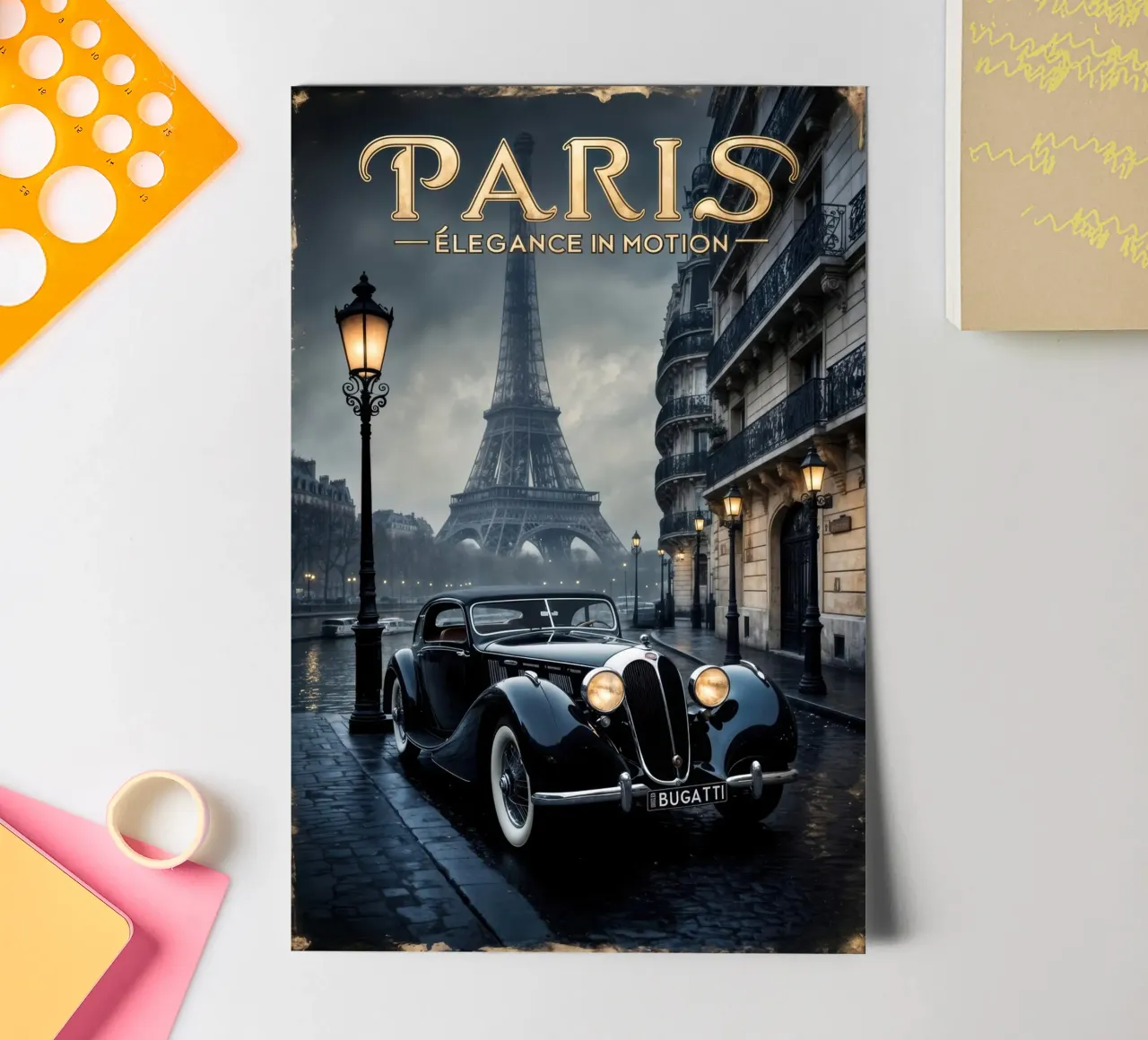 Nostalgischer Pariser Charme Oldtimer und Eiffelturm Stickerbogen von Robyn Santiago