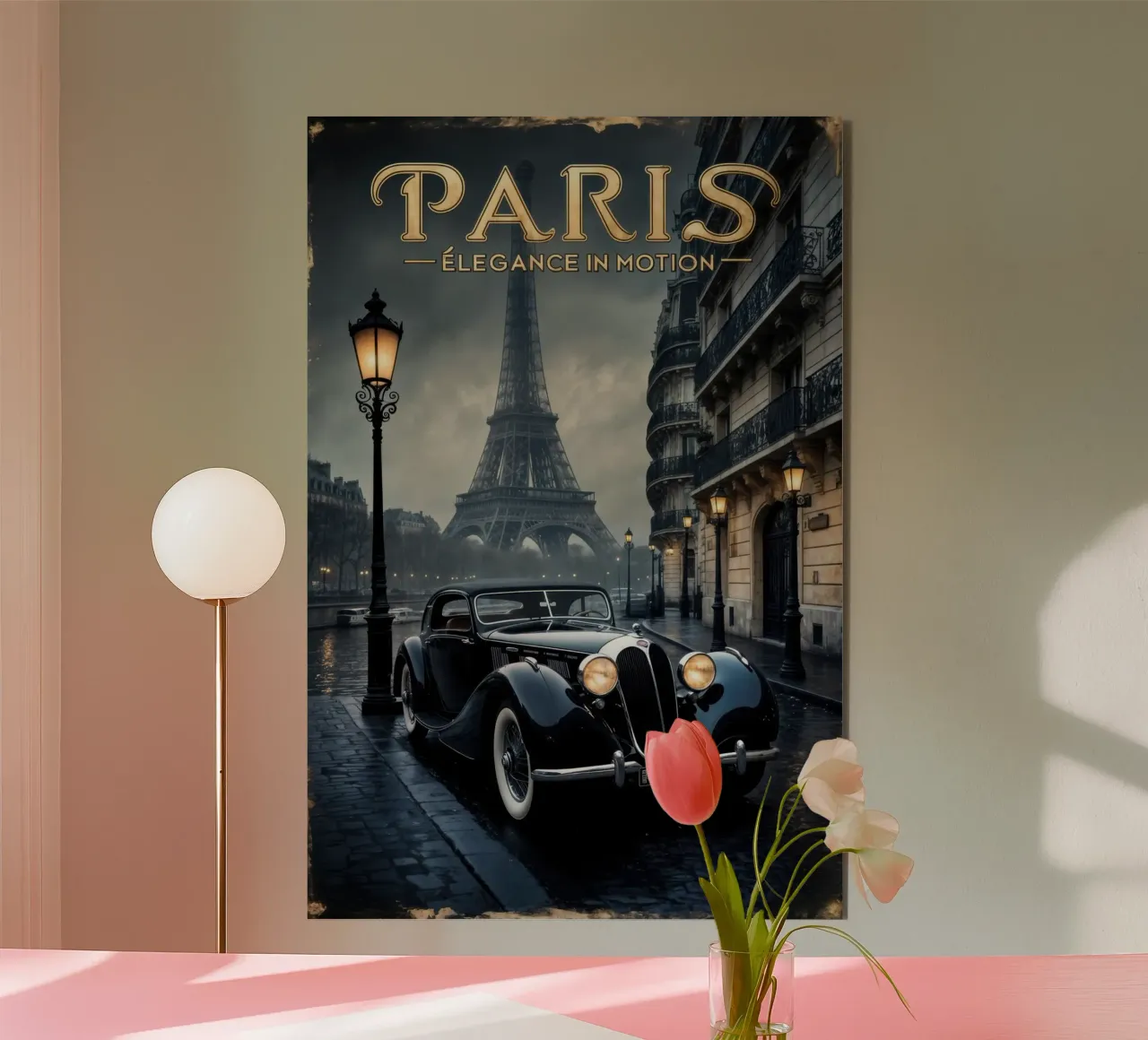 Fascino parigino nostalgico Auto d'epoca e Torre Eiffel alluminio dibond da Robyn Santiago