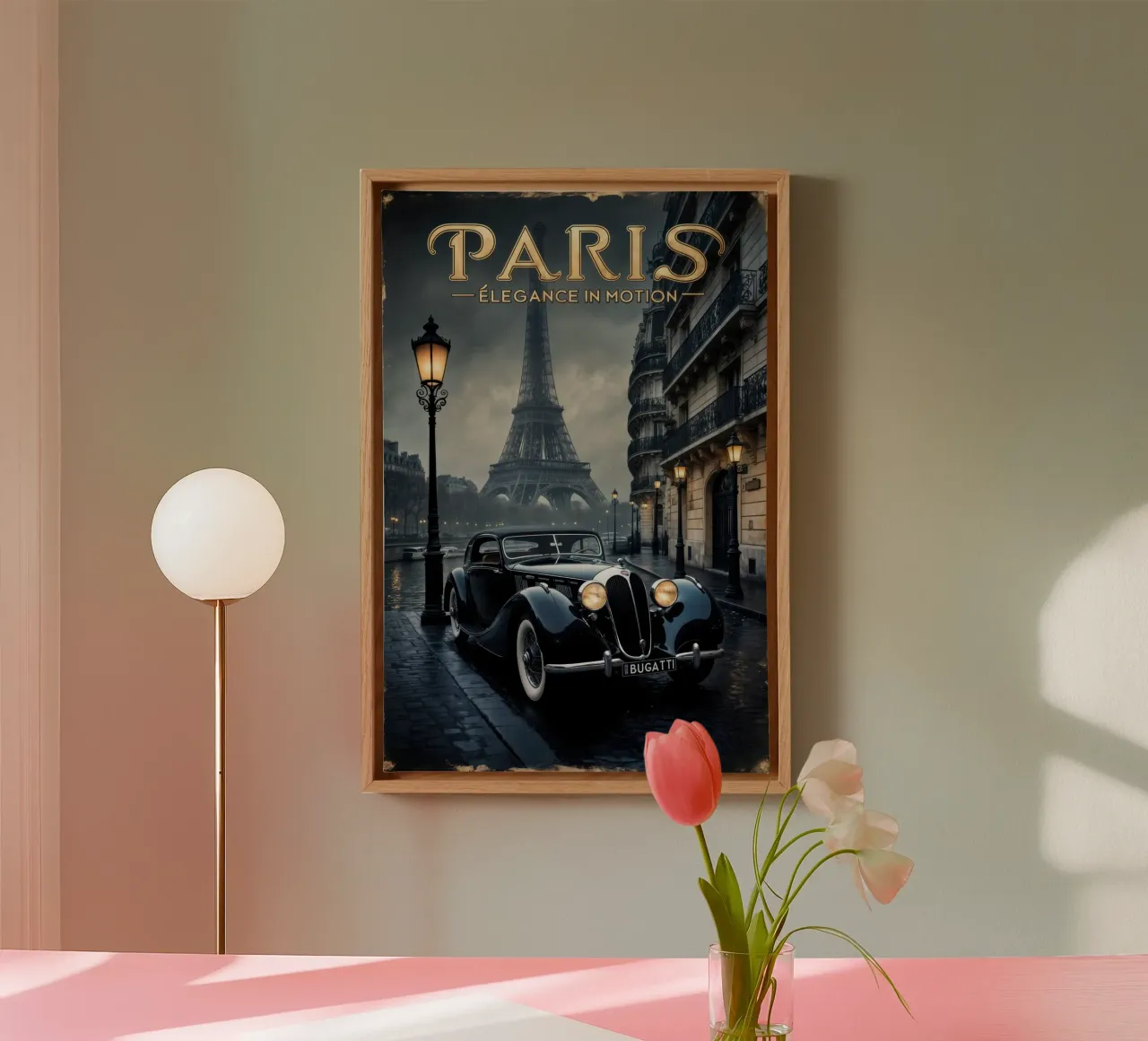 Fascino parigino nostalgico Auto d'epoca e Torre Eiffel tela con Cornice a cassetta da Robyn Santiago