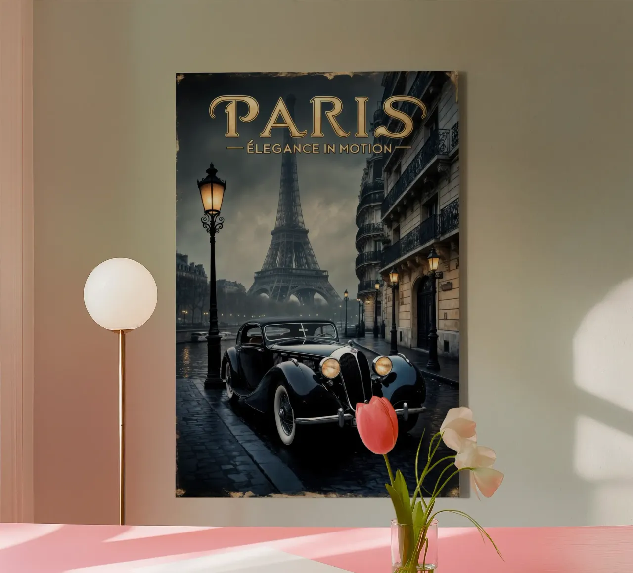 Fascino parigino nostalgico Auto d'epoca e Torre Eiffel tela con Cornice a cassetta da Robyn Santiago