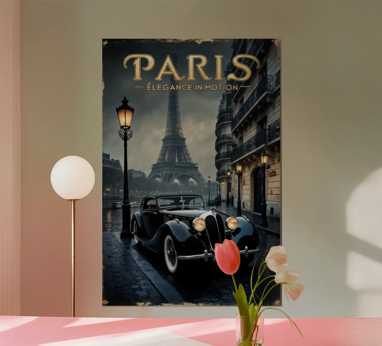 Fascino parigino nostalgico Auto d'epoca e Torre Eiffel poster con telaio in alluminio da Robyn Santiago