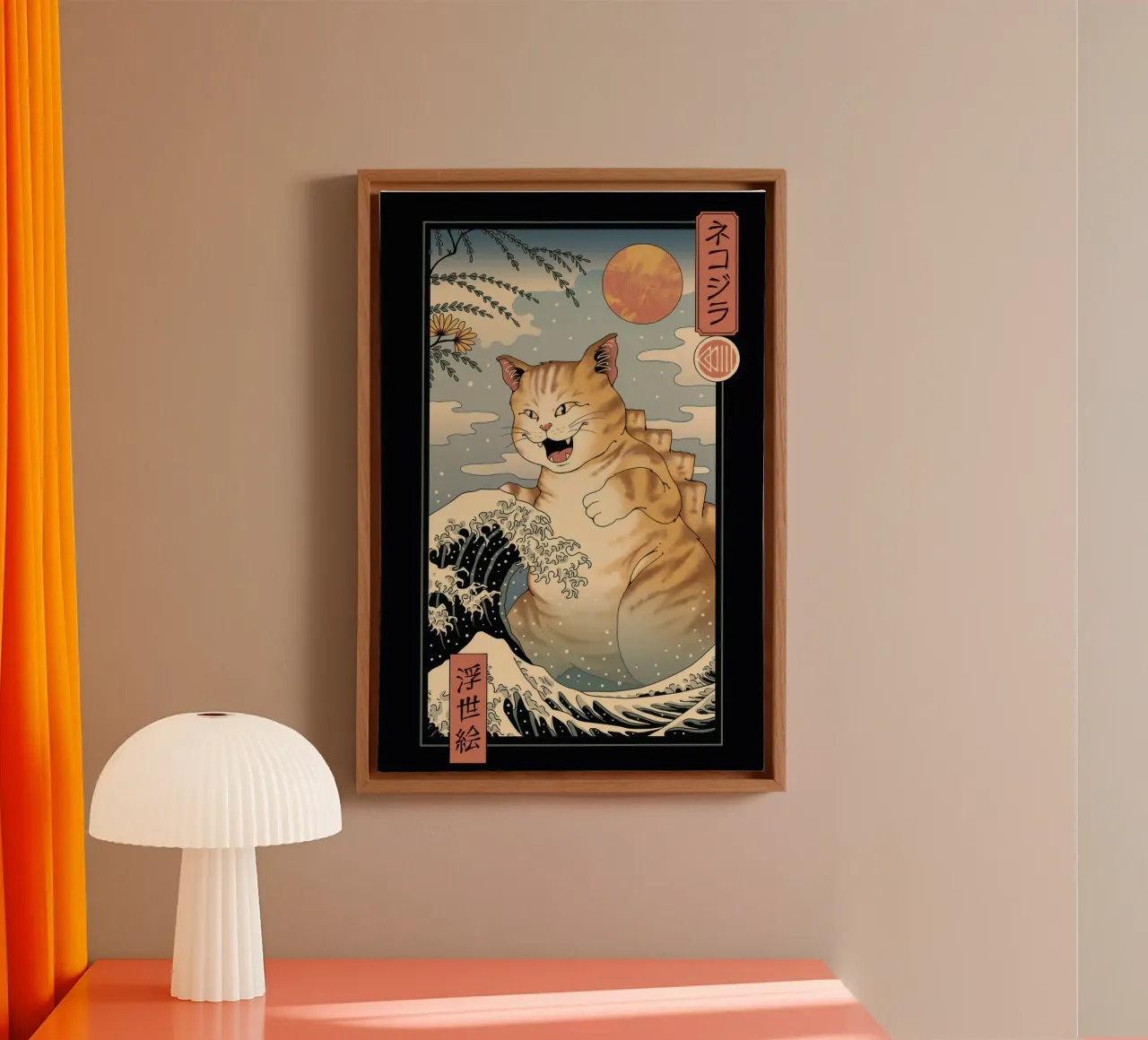 Vincent Trinidad - Catzilla Ukiyoe tela con Cornice a cassetta da Robyn Santiago