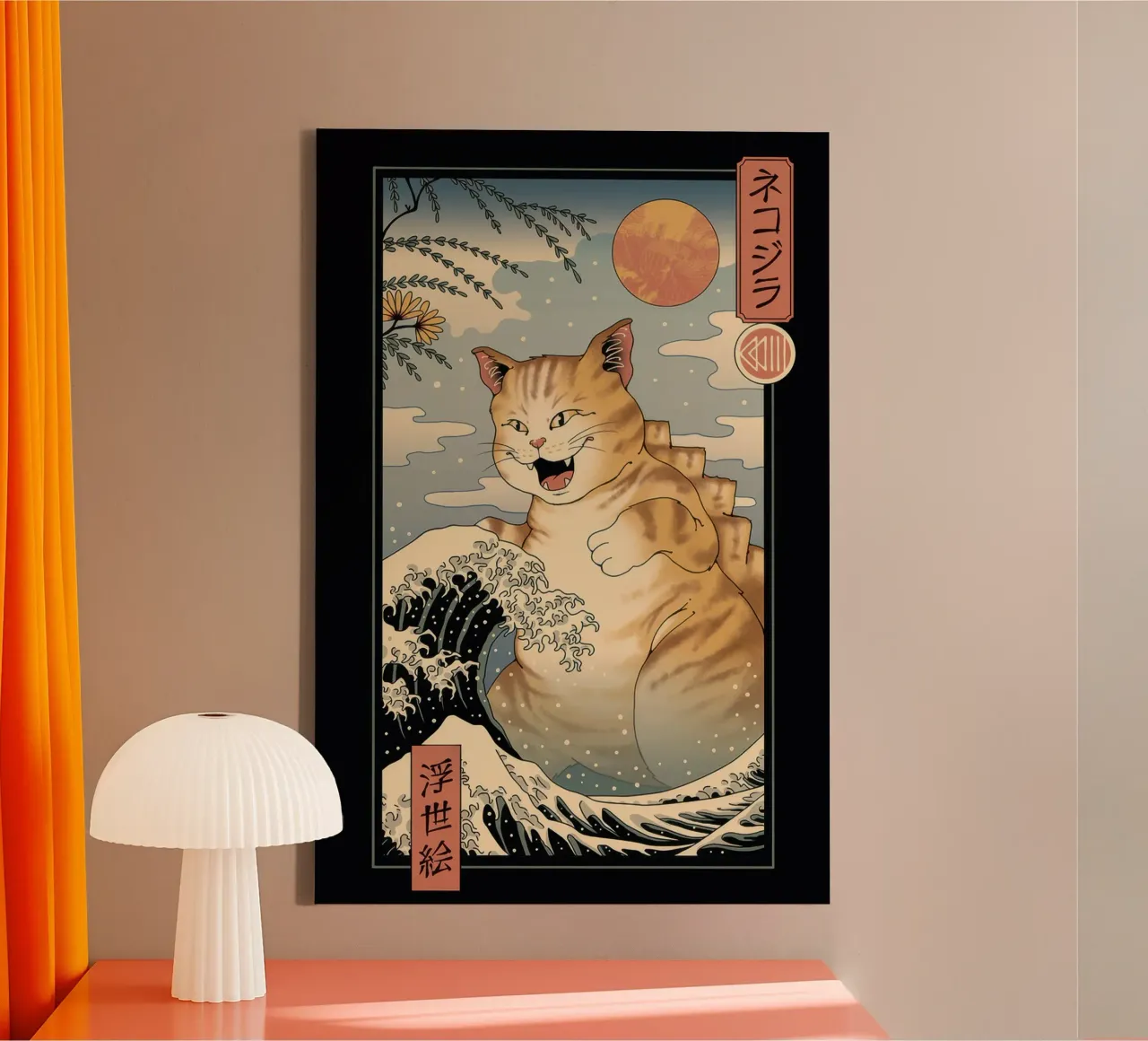 Vincent Trinidad - Catzilla Ukiyoe tela con Cornice a cassetta da Robyn Santiago