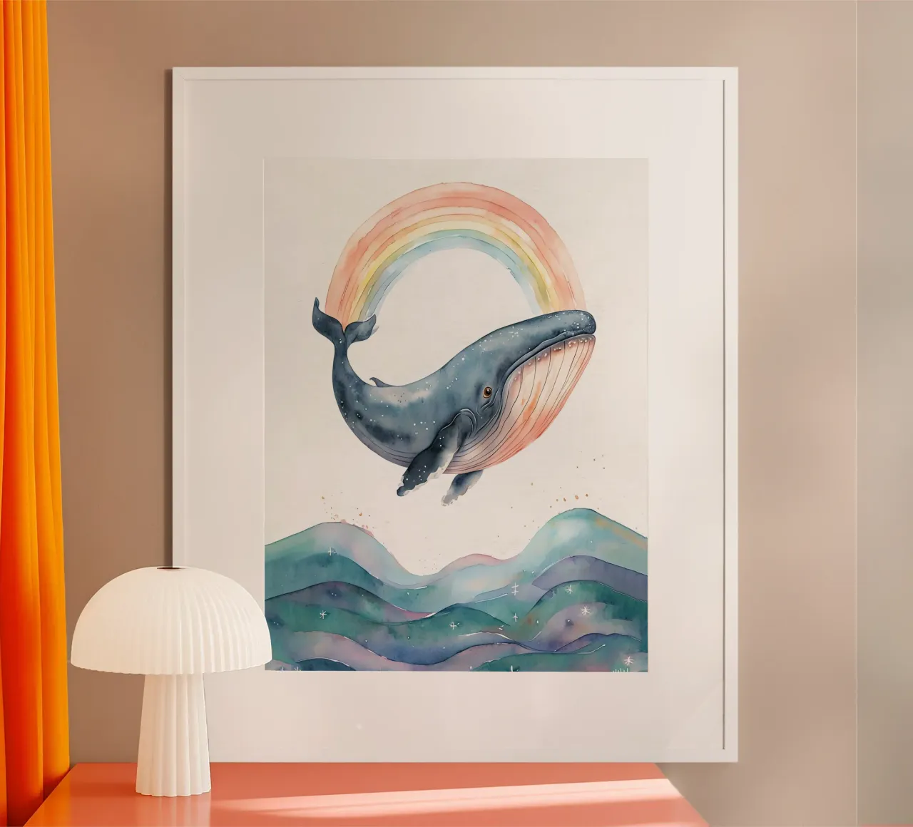 Balena acquerellata con arcobaleno poster con telaio in alluminio da 🐹 BABY ART PRINTS