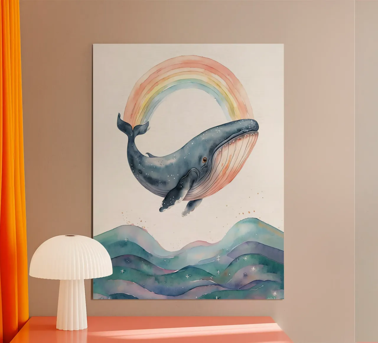 Balena acquerellata con arcobaleno poster con telaio in alluminio da 🐹 BABY ART PRINTS