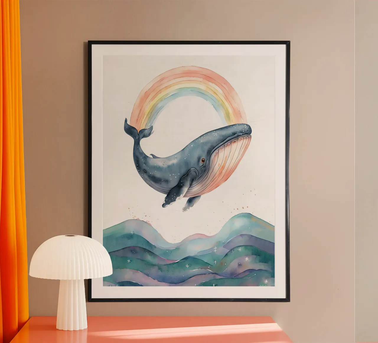 Balena acquerellata con arcobaleno poster con telaio in alluminio da 🐹 BABY ART PRINTS
