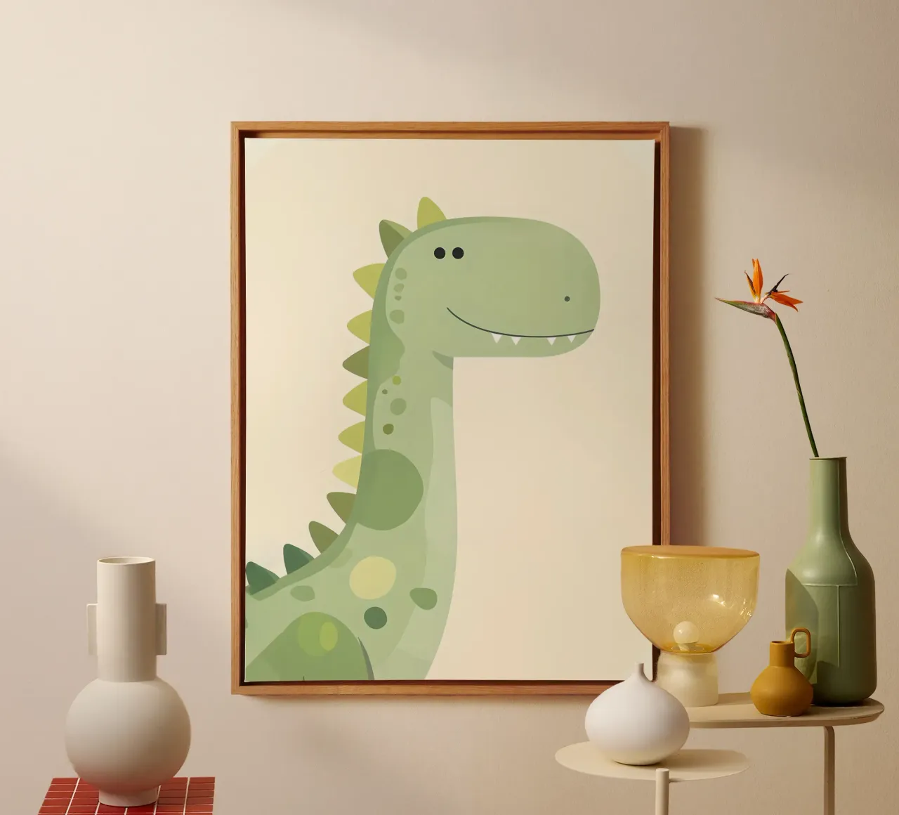 Cute Green Cartoon Dinosaur Illustration canvas with Floater frame by 🐹 BABY ART PRINTS