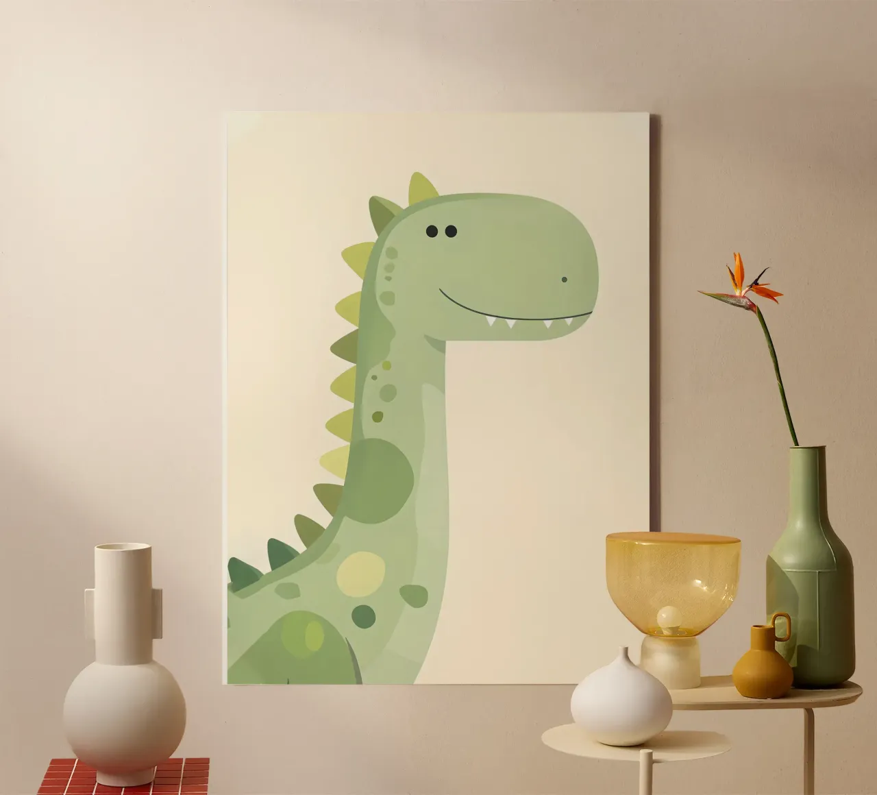 Cute Green Cartoon Dinosaur Illustration canvas with Floater frame by 🐹 BABY ART PRINTS