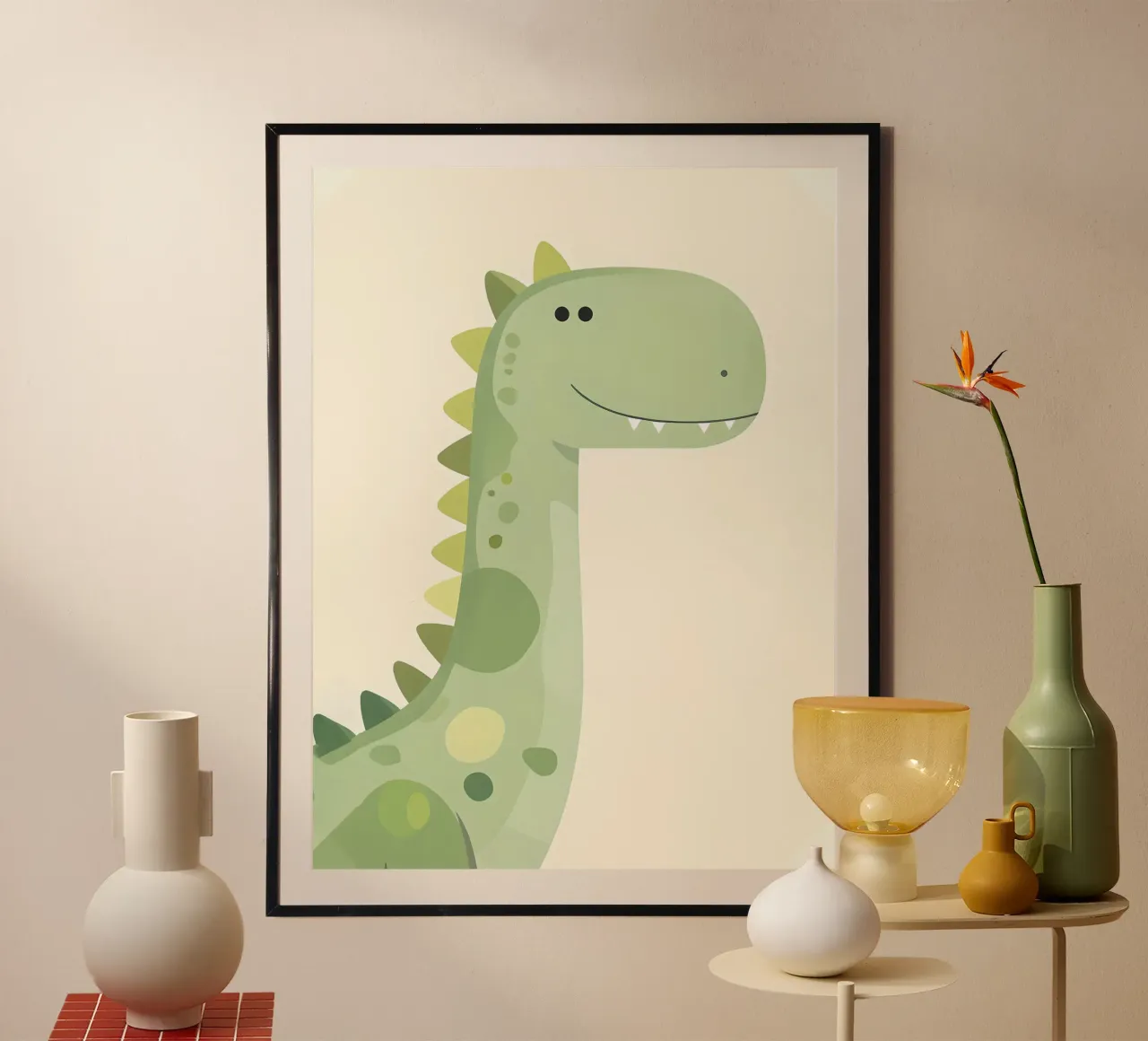 Illustration d'un dinosaure vert mignon en dessin animé poster avec cadre en plastique de 🐹 BABY ART PRINTS