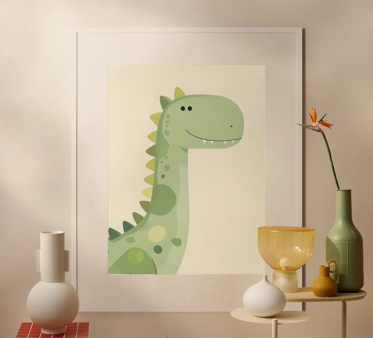 Illustration d'un dinosaure vert mignon en dessin animé poster avec cadre en plastique de 🐹 BABY ART PRINTS