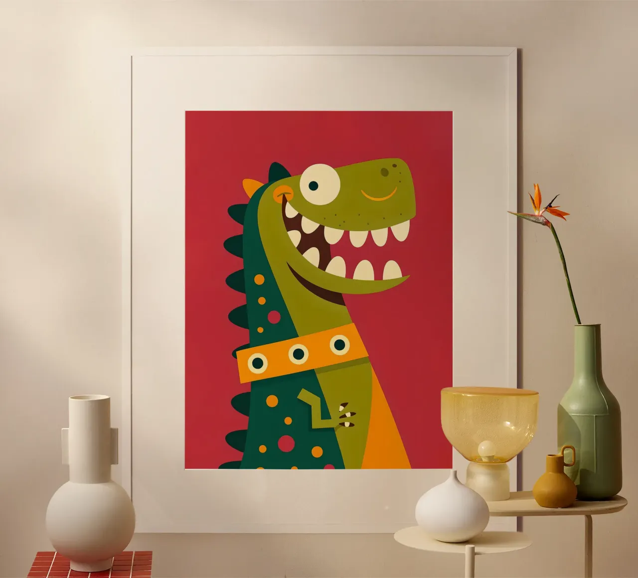Illustrazione di dinosauro a cartoni animati su sfondo rosso poster con telaio in alluminio da 🐹 BABY ART PRINTS