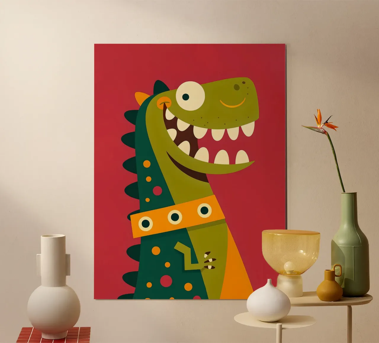 Illustrazione di dinosauro a cartoni animati su sfondo rosso poster con telaio in alluminio da 🐹 BABY ART PRINTS