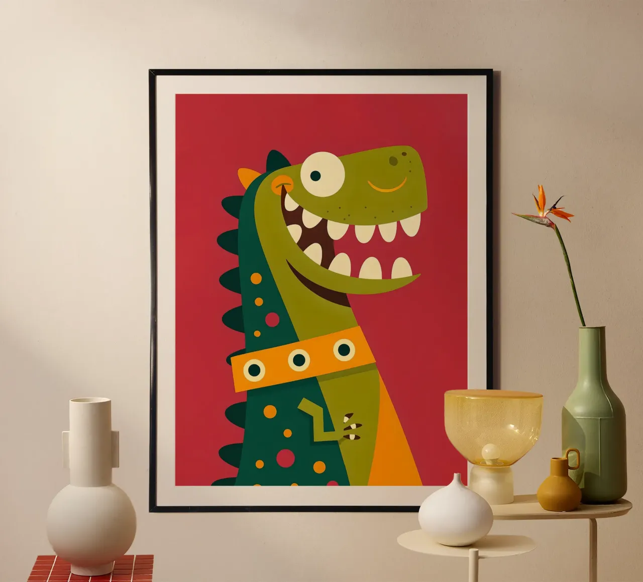 Illustrazione di dinosauro a cartoni animati su sfondo rosso poster con telaio in alluminio da 🐹 BABY ART PRINTS