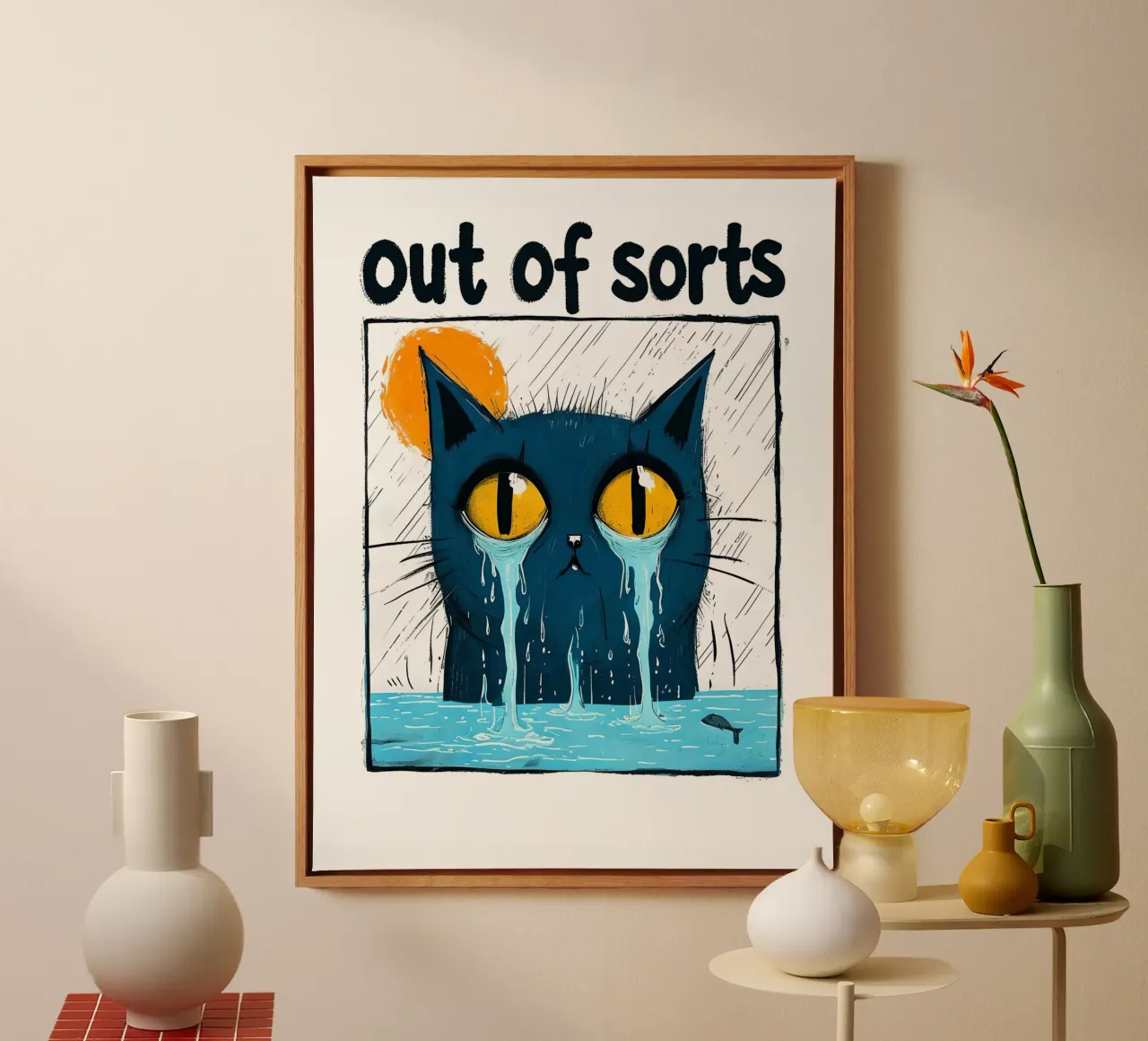 Droevige kat "Out of Sorts canvas met Baklijst van 🥝 KIWI STORE