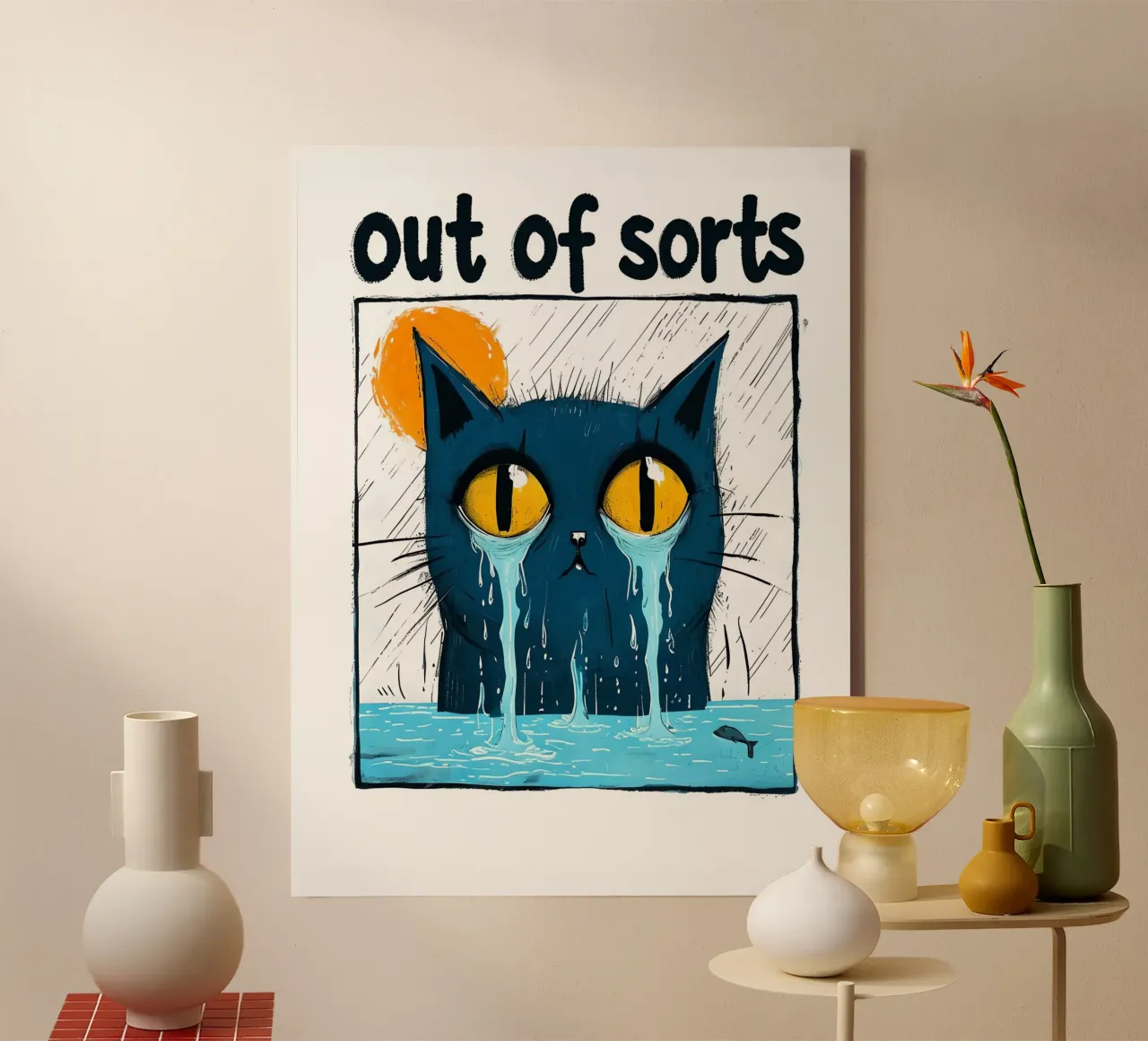 Droevige kat "Out of Sorts canvas met Baklijst van 🥝 KIWI STORE