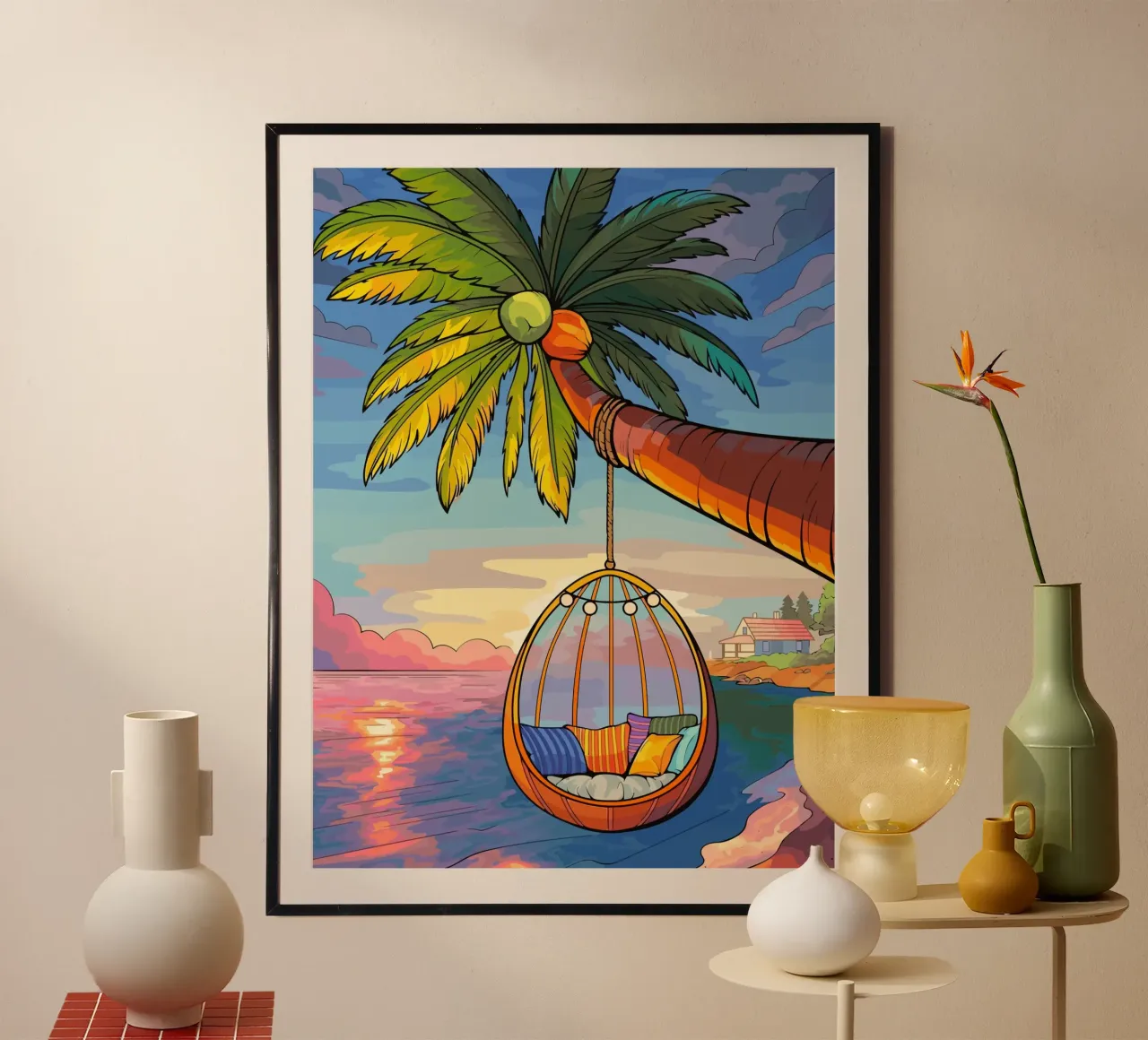 swing under the coconut tree poster con telaio in plastica da Dumery Art