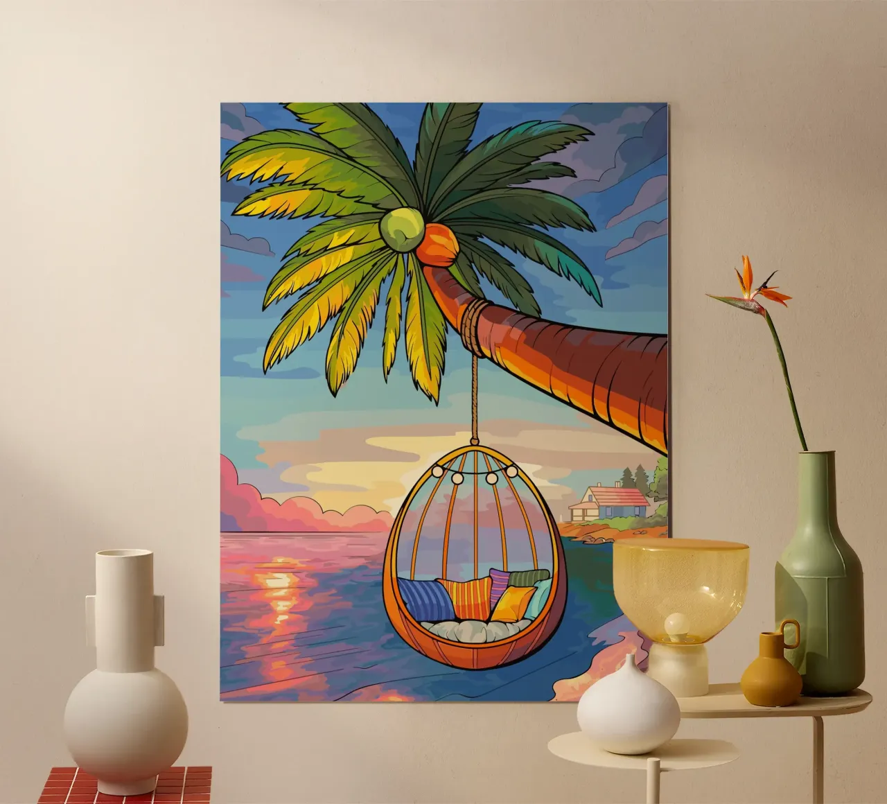 swing under the coconut tree poster con telaio in plastica da Dumery Art