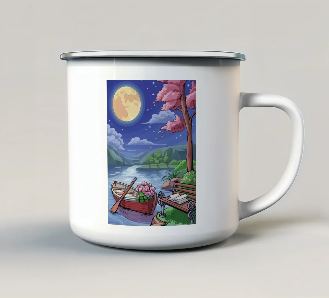 boat under the moonlight tazza in smalto da Dumery Art