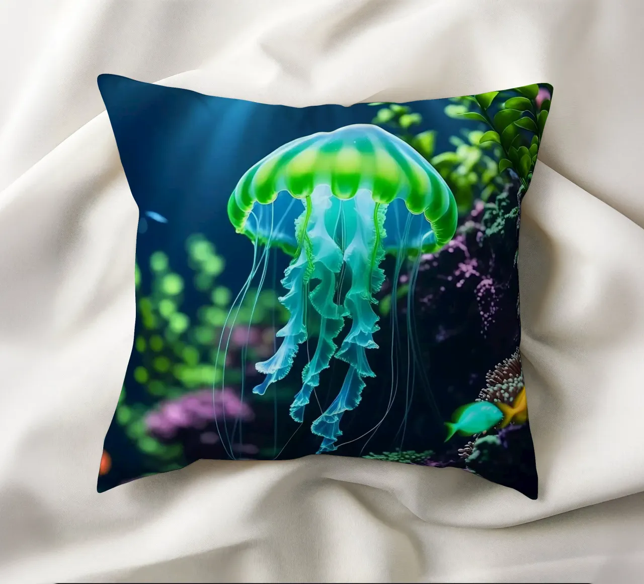 ✨🪼 Glowbloom ✦ Green Jellyfish in Luminous Garden 🌙 decorative cushion by LUMAQUA STUDIO