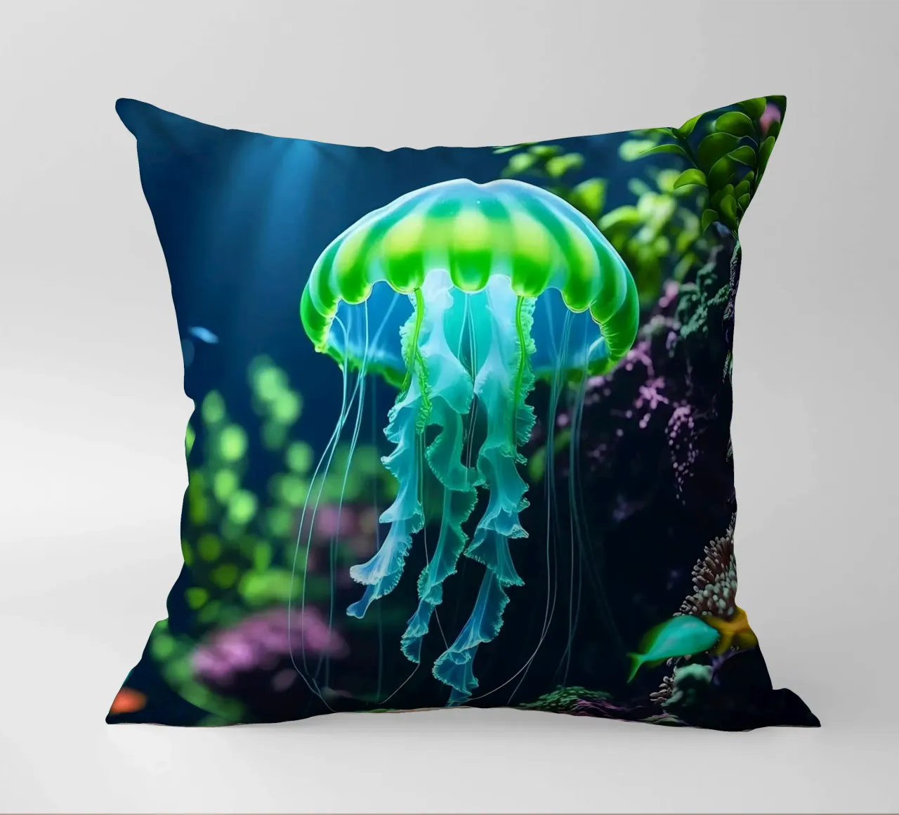 ✨🪼 Glowbloom ✦ Green Jellyfish in Luminous Garden 🌙 decorative cushion by LUMAQUA STUDIO