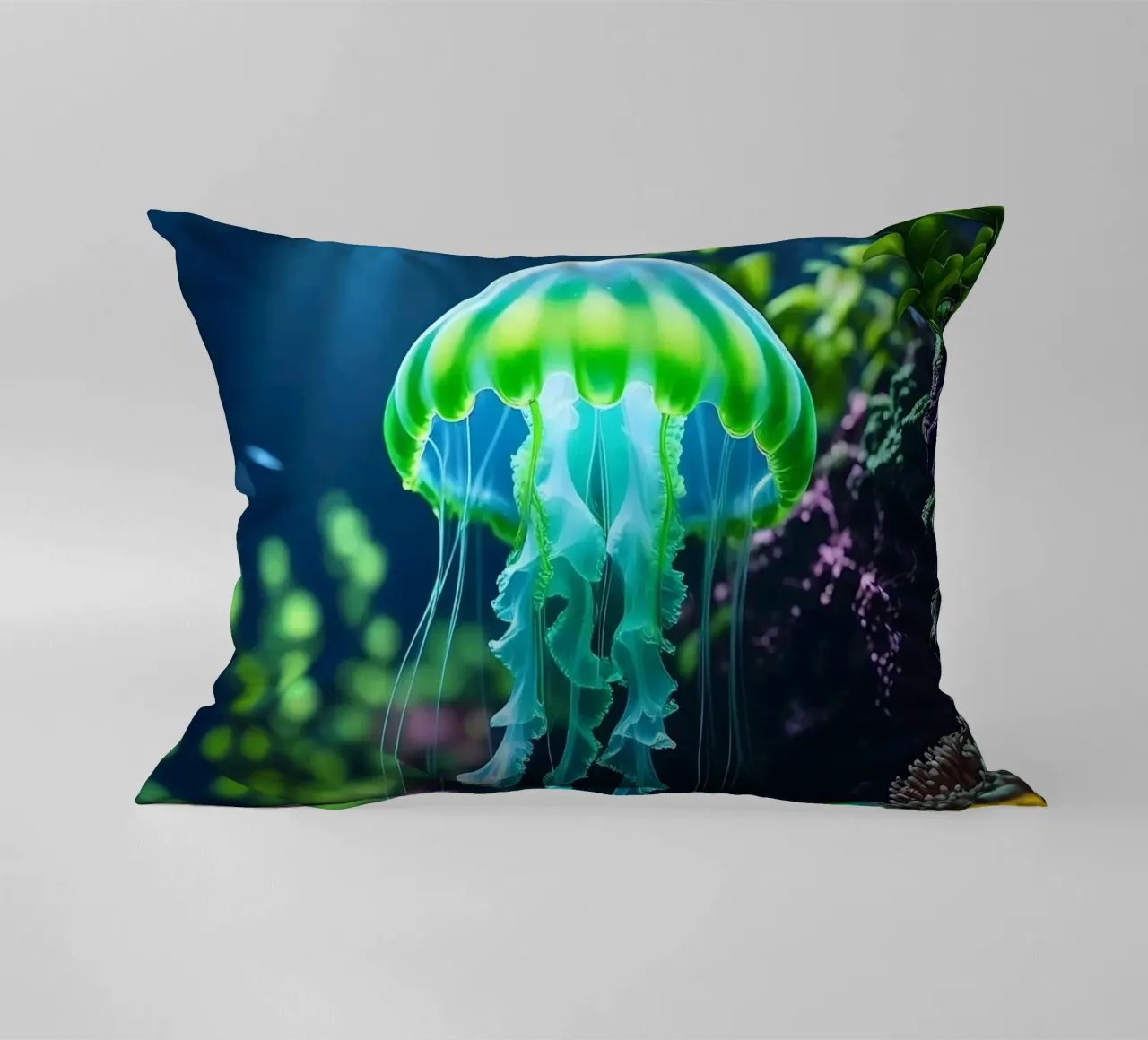 ✨🪼 Glowbloom ✦ Green Jellyfish in Luminous Garden 🌙 decorative cushion by LUMAQUA STUDIO