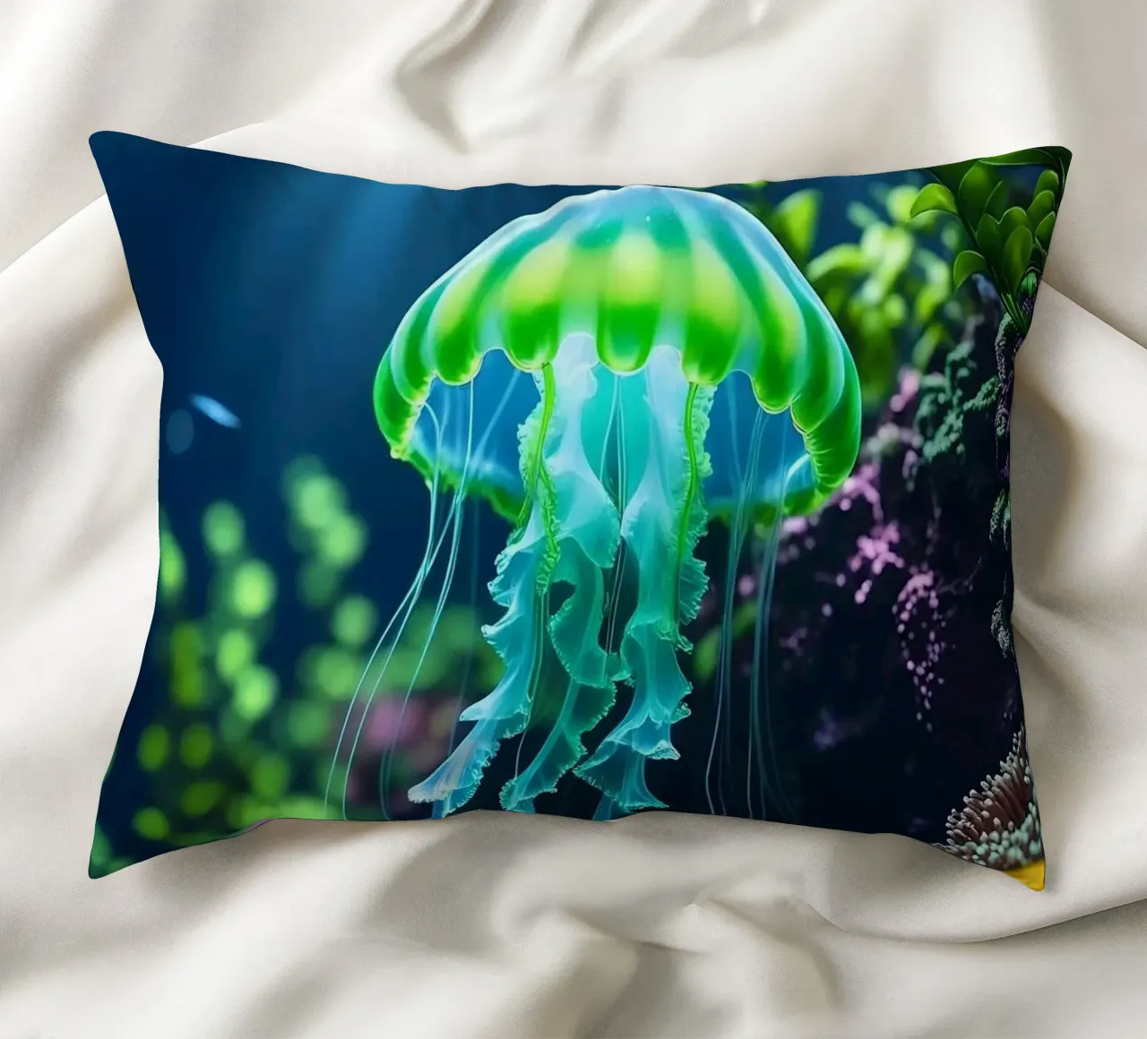 ✨🪼 Glowbloom ✦ Green Jellyfish in Luminous Garden 🌙 decorative cushion by LUMAQUA STUDIO