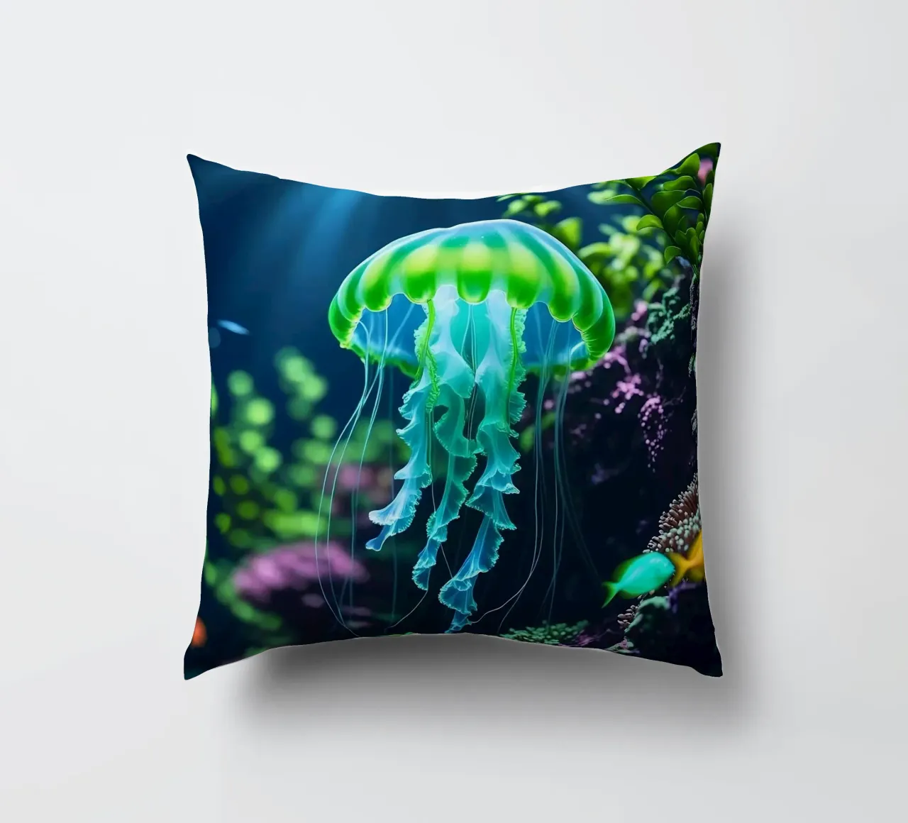 ✨🪼 Glowbloom ✦ Green Jellyfish in Luminous Garden 🌙 decorative cushion by LUMAQUA STUDIO