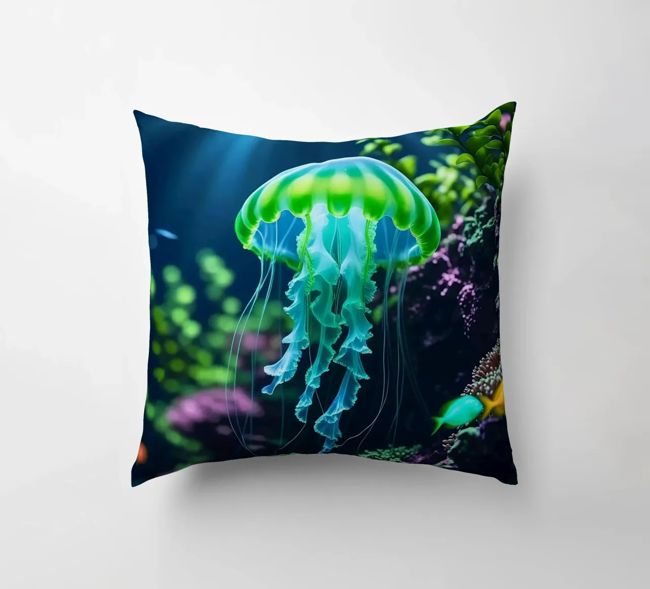 ✨🪼 Glowbloom ✦ Green Jellyfish in Luminous Garden 🌙 decorative cushion by LUMAQUA STUDIO