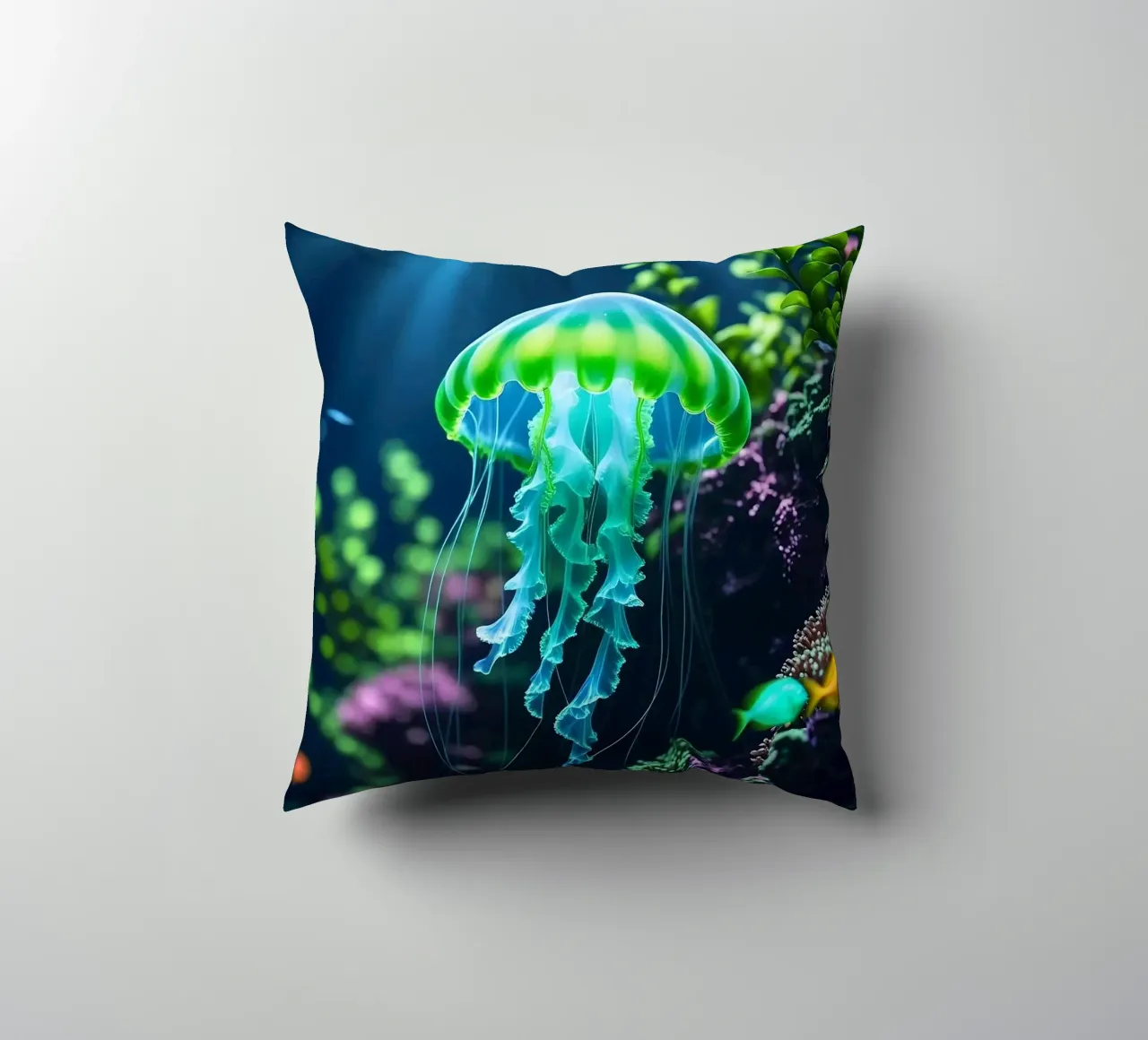 ✨🪼 Glowbloom ✦ Green Jellyfish in Luminous Garden 🌙 decorative cushion by LUMAQUA STUDIO