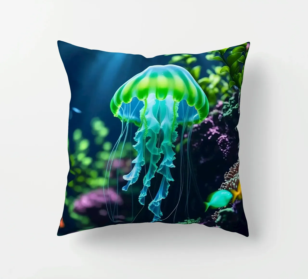 ✨🪼 Glowbloom ✦ Green Jellyfish in Luminous Garden 🌙 decorative cushion by LUMAQUA STUDIO