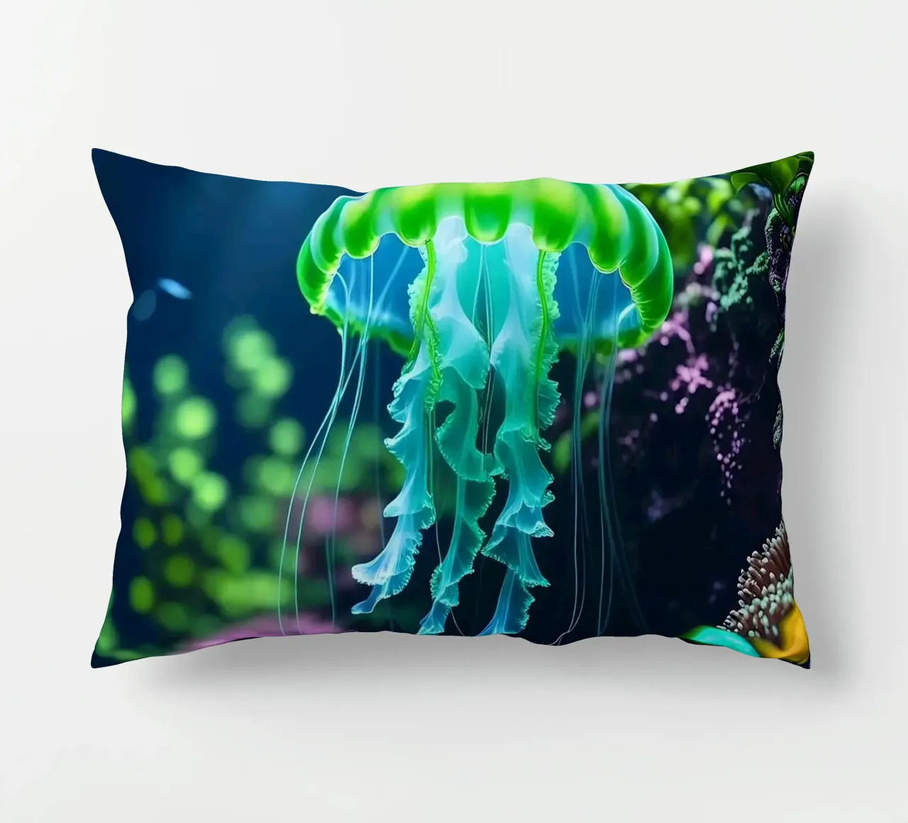 ✨🪼 Glowbloom ✦ Green Jellyfish in Luminous Garden 🌙 decorative cushion by LUMAQUA STUDIO