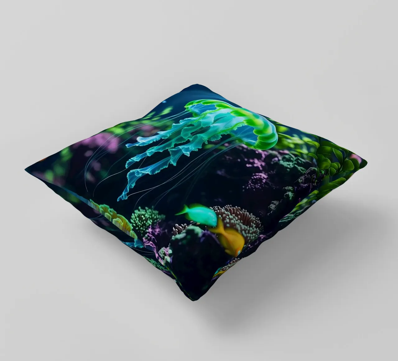 ✨🪼 Glowbloom ✦ Green Jellyfish in Luminous Garden 🌙 decorative cushion by LUMAQUA STUDIO
