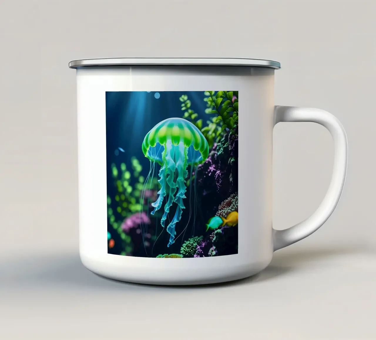 ✨🪼 Glowbloom ✦ Medusa verde nel giardino luminoso 🌙 tazza in smalto da LUMAQUA STUDIO