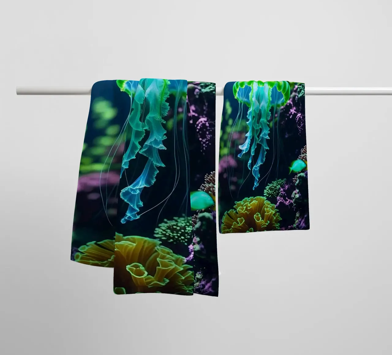 ✨🪼 Glowbloom ✦ Green Jellyfish in Luminous Garden 🌙 towel by LUMAQUA STUDIO