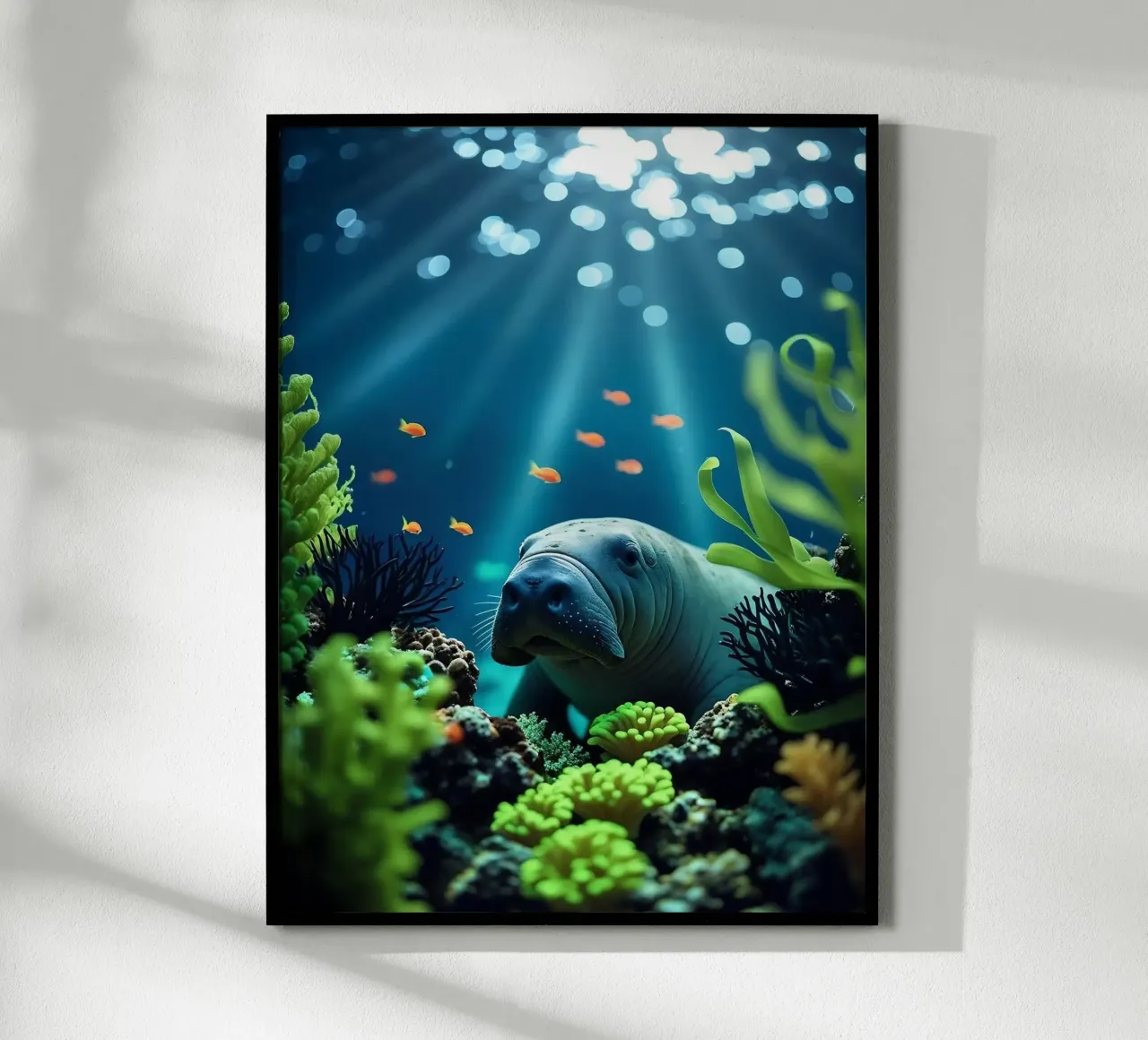 ✨🪸 Sanftes Glühen ✦ Seekuh in Korallenträumen 🌙 Poster mit Aluminium Rahmen von LUMAQUA STUDIO